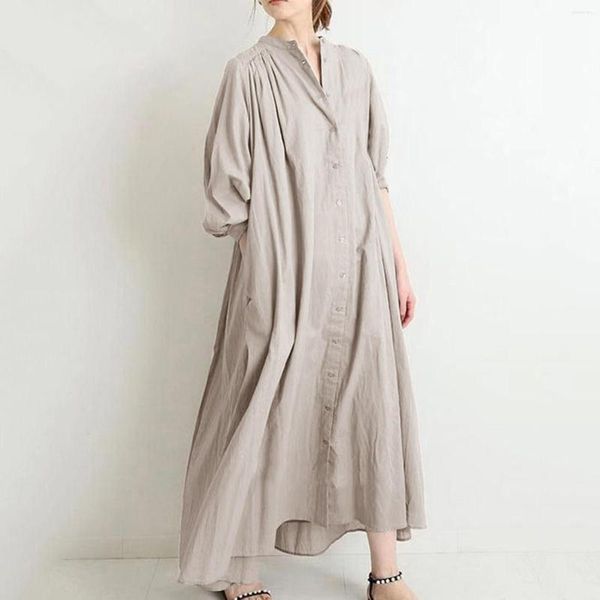 Vestidos informales para mujer 2023, vestido largo holgado de lino y algodón de Color liso para mujer, vestido largo holgado Retro plisado, túnica elegante