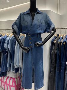 Casual Jurken Voor Vrouwen 2024 Denim Revers Zak Knop Mode Jurk Taille Ontwerp Lange Traf