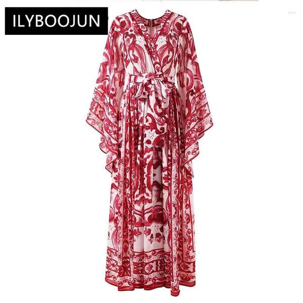 Robes décontractées pour les femmes 2024 Haute robe en V femme en V Veurs en V Veurs en V Red Flower Porcelaine Printing Maxi Long