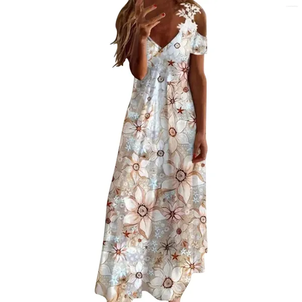 Vestidos informales para mujeres 2024 Tamaño grande Correa de encaje de hombro Sexy Vestido largo con estampado floral Tropical Backless Maxi Maxi