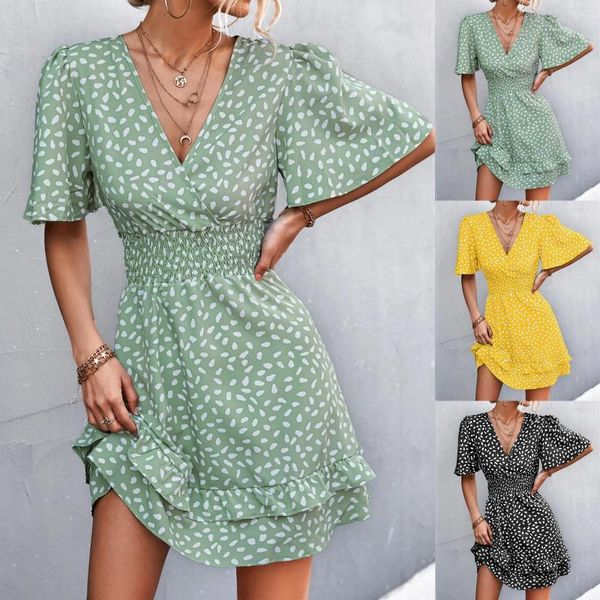 Robes décontractées pour femmes 2024 Plus Size'S Sexy Dot Print Mini robe à manches courtes col en V à volants une ligne fête plage tenues confortables