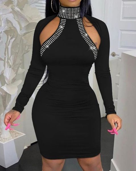 Vestidos casuales para mujeres negro 2023 moda decoración de diamantes de imitación Sexy recorte manga larga cuello alto ceñido al cuerpo liso diario Midi vestido