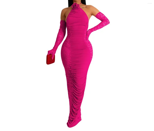 Robes décontractées pour femmes mode couleur unie dos nu dentelle fête bal soirée jupe longue avec des gants