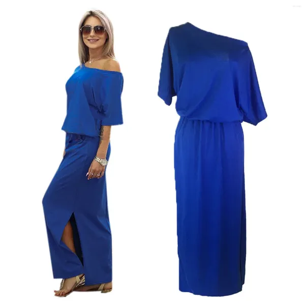 Vestidos informales para mujer, vestidos de fiesta para fiesta de graduación, Vestidos de talla grande holgados de manga corta con botones, vestido largo azul Sexy dividido Maxi