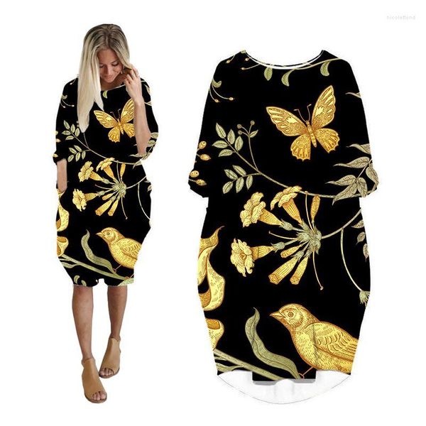 Robes décontractées pour femmes poche à manches longues femme vêtements mode grande taille dames vêtements Midi femme robe Tropical Floral ZX