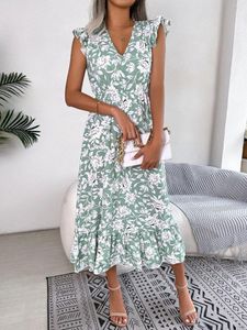 Casual Jurken Voor Vrouwen Zomer Print V-hals Mouwloze Jurk Een Lijn Strand Midi Gewaad Vrouwelijke Mode Dames Kleding vestido