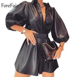 Robes décontractées Forefair Faux Cuir Robe Femmes Sexy Mini Manches Bouffantes Élégant Une Ligne 2021 Mode Noir Club Robe1