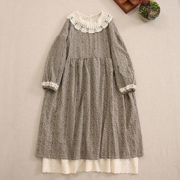 Vestidos casuales estilo forestal lindo dulce floral algodón lino para mujeres niñas vacaciones sueltas de manga larga muñeca de encaje vestido largo