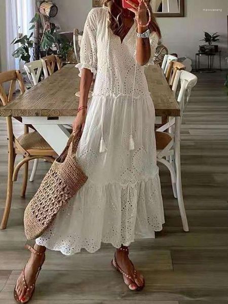 Robes décontractées Foridol évider col en V dentelle blanche Maxi robe Vintage A-ligne ample brodé imprimé fleuri bohème longue robe d'été