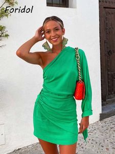 Robes décontractées Foridol à lacets une épaule ruché vert robe de soirée manches chauve-souris courte élégante Clubwear robe Vestidos De Fiesta robe d'été T220905