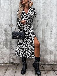 Casual jurken Foridol Luipaard Print Wit Black Slit Midi Winter Lange Mouw Dress V Hals Drap Vestidos Femme 2022