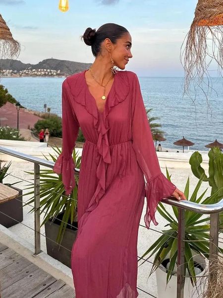 Robes décontractées Foridol Rouffles V Femmes Neck Femmes Automne Robe à manches longues Chiffon Maxi Vestidos Party Holiday Holiday Beach