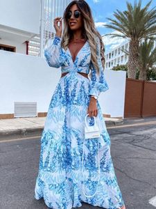 Casual Jurken Foridol Zomer Boho Cut Out V-hals Maxi Jurk Vrouwen Bloemenprint Vintage Lange Mouwen 2023 Beach Holiday Chic