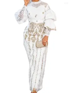 Casual jurken formele witte broeksets voor vrouwen elegante borduurwerk kanten mock nek lange mouw blouse tassel hoge taille 2 -delige outfits