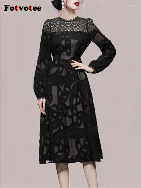 Robes décontractées fotvotee jacquard robe pour femmes manche coréenne manche longue o cou mince vintage élégant haute taille midi noir