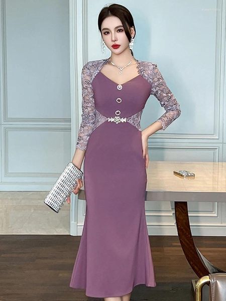 Robes décontractées célébrités françaises longues femmes femmes élégantes luxe violette en dentelle épissure en diamant en queue de poisson robe de soirée