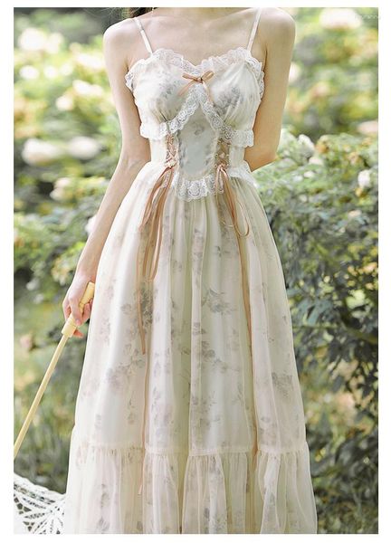 Robes décontractées cour française Cottage robe femme porte-jarretelles Chic romantique nœud Bandage maille gaze médiévale princesse nuit fête