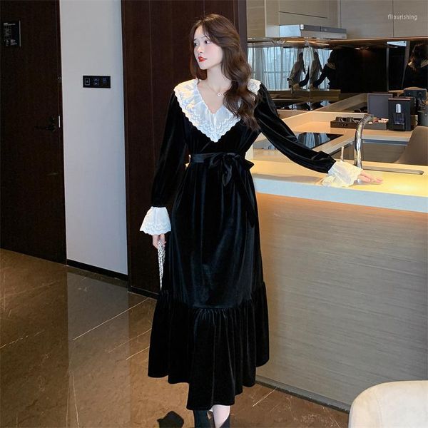 Robes décontractées français élégant noir velours jupe femmes taille haute bureau dame mince mode col en v dentelle Patchwork à lacets Midi G484