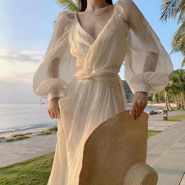 Robes décontractées Robe de fée élégante française en mousseline de soie à manches longues col en V soirée anniversaire chic femme 2023 vacances de plage d'été