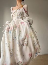 Casual jurken Franse elegante bloemen Midi -jurk Chiffon Lange Mouw avond feestjurk vrouw strand Fairy jurk Koreaanse zomer 230313