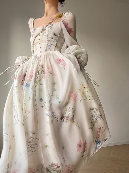 Robes décontractées Français élégant floral midi robe en mousseline de soie à manches longues robe de soirée femme plage fée robe coréenne été