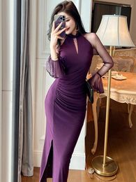 Vestidos casuais francês elegante baile mulher retro sexy roxo perspectiva elástico ponto malha dobras envoltório hip fenda robe feminino festa vestidos