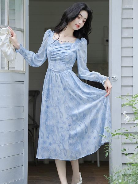Robes décontractées Français élégant tempérament imprimé femmes bleu romantique chaîne d'arc chic col carré rétro robe automne douce robe de fée
