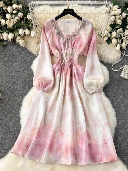 Robes décontractées Français élégant tie-dye dégradé robe rose 2024 été romantique une pièce fée diamants col en V arc soirée robes de bal