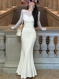 Casual Jurken Franse Elegante Vrouwen Witte Zeemeermin Jurk Mode Patchwork Dame Slanke Vestidos Kleding 2023 Herfst Vintage Ruches Prom Maxi