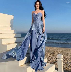 Robes décontractées Fashion Fashion printemps d'été Cocktail bleu robe boho sexy femme sans manches sans bretelles