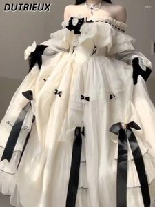 Casual jurken Franse zware industrie Lolita taille-strakke feest maxi-jurk dames zoete off-shoulder witte prinses lang