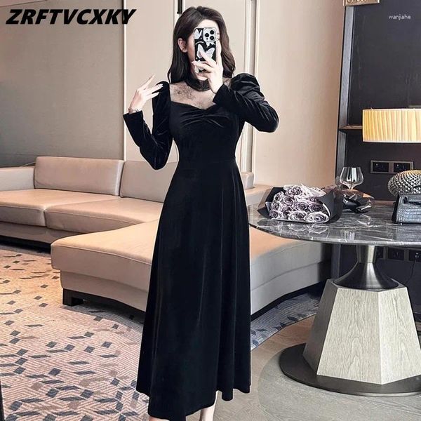 Vestidos casuales de hepburn hepburn encaje paspwork midi ropa femenina primavera vestidos negros negros elegantes vestidos de fiesta de moda mujeres