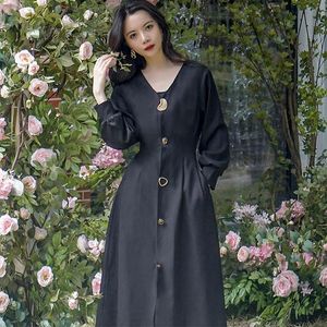 Casual jurken Franse Hepburn-stijl jurk 2022 Zwart zwaan V-hals temperament was dunne retro vaste kleur lang voor womencasual