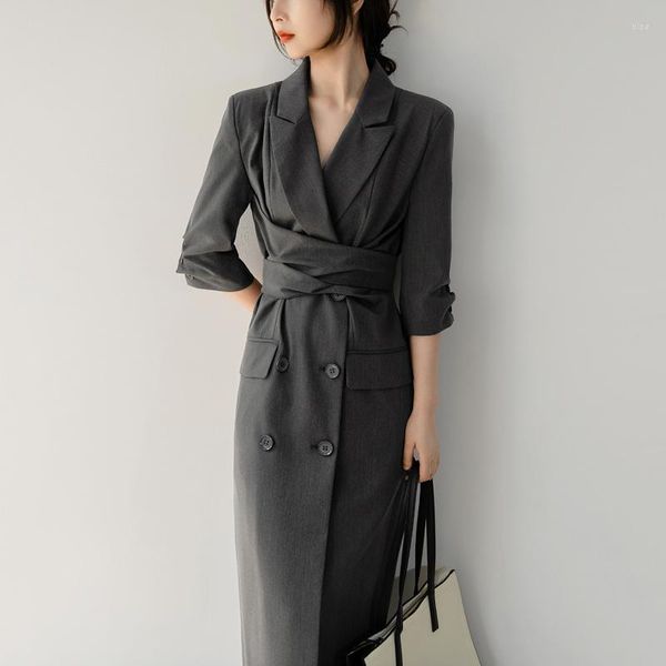 Robes décontractées français haut de gamme exquis gris costume robe femmes été Design sens cerclage travail professionnel