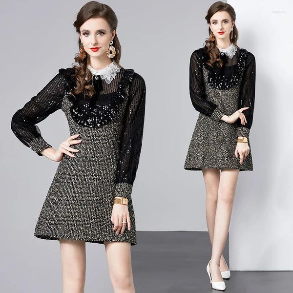 Robes décontractées français robe noire de haute qualité Femmes Elegant Automne Sequins hiver