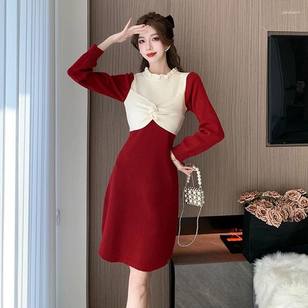 Robes décontractées Pull en tricot français à manches longues pour femmes automne et hiver anniversaire pour les femmes robe de luxe de fête rouge