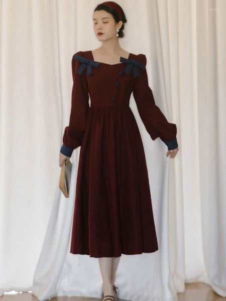 Robes décontractées Style Lolita français doux nœud col carré Chic romantique rétro robe Vintage Cottage lâche femme femme Vestidos