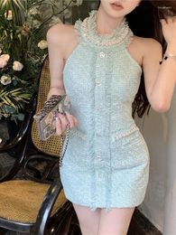 Robes décontractées Français luxe perles petit parfum gland tweed robe pour les femmes été coréen moulante taille mince mini robe de soirée