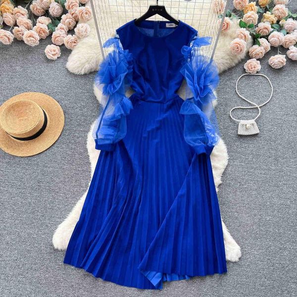 Vestidos casuales Francés de lujo vintage malla flor empalmada vestido de cuello redondo de las mujeres de cintura alta muestra delgada elegante azul fiesta de noche larga