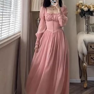 Robes décontractées français rétro col carré Corset princesse robe de bal femmes 2023 printemps à manches longues élégant rose femme mince soirée