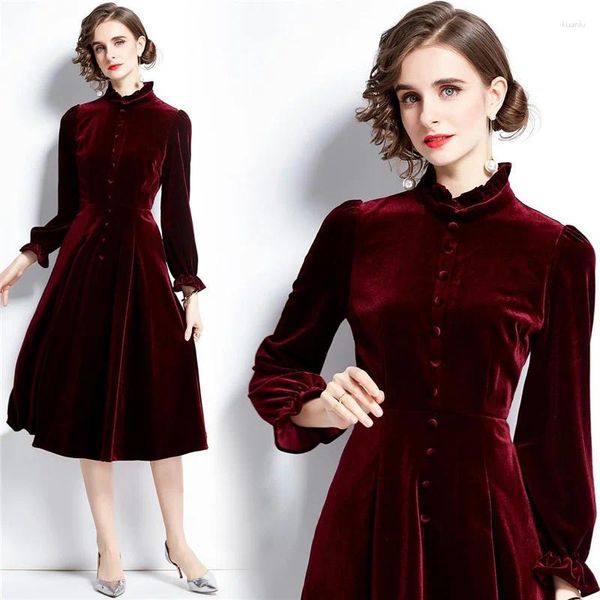 Vestidos informales Estilo romántico francés Vino Fiesta roja Softerable Calentamiento Terciopelo de moda Vestido ajustado de otoño para dama joven Túnica Vestido