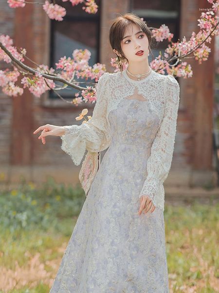 Vestidos casuales franceses románticos vintage floral encaje elegante dama midi retro jacquard luxury chic