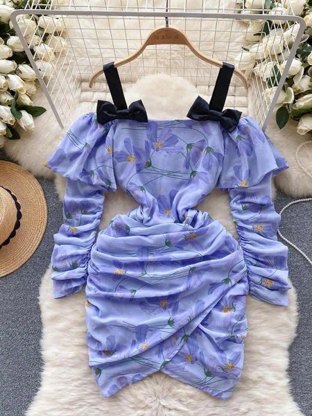 Robes décontractées Club sexy français Off Bow Slip Bow Slip Mini pour femmes Purple Floral Patchwork Asymétrie plissée Robe Korea 2024 automne