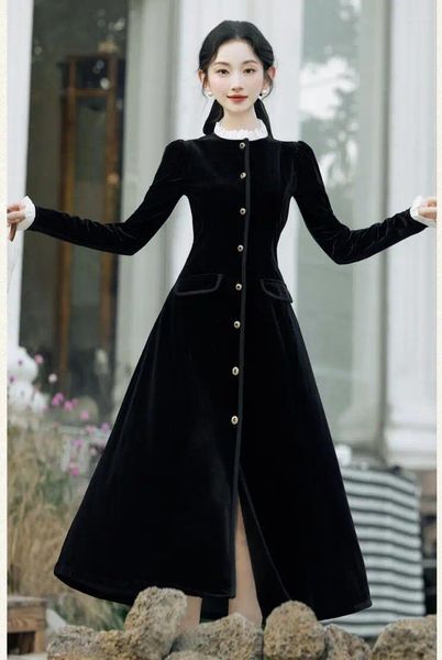 Robes décontractées de style français robe en velours noir femme vintage vicotrien en dentelle volonne de pétale