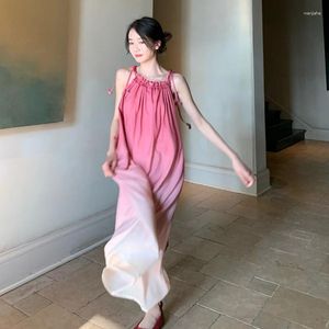 Casual jurken Franse stijl Elegante zoete schattige gradiënt roze spaghetti riemen maxi voor vrouwen zomer losse vakantie esthetische lange jurk