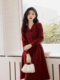 Vestidos casuales estilo francés manga larga para mujer solapa de doble capa vintage vestida elegante o otoño/invierno vestidos de moda coreana