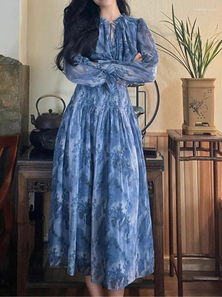 Robes décontractées Style français à manches longues taille mince femmes robes à lacets élégante robe florale 2023 automne coréen chic femme