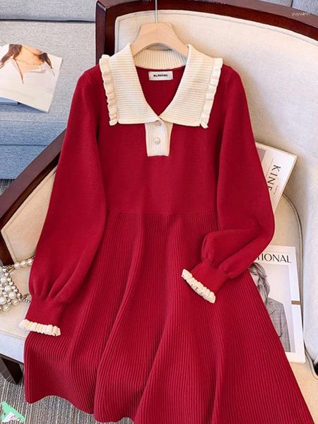 Robes décontractées de style français pull rouge Tempérament Collier de remin-down Collier à manches longues Vestidos à tricot et femme de taille plus