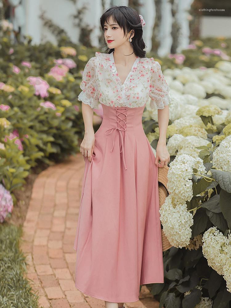 Lässige Kleider Französischer Stil Romantisch für Frauen 2023 Rüschen V-Ausschnitt Chic Floral Puffärmel Kleid Rosa Sommer Süße Retro Strappy Vestido
