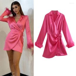 Vestidos informales Vestido de toalla de envoltura de satén de satén de seda roja de seda rosa francesa